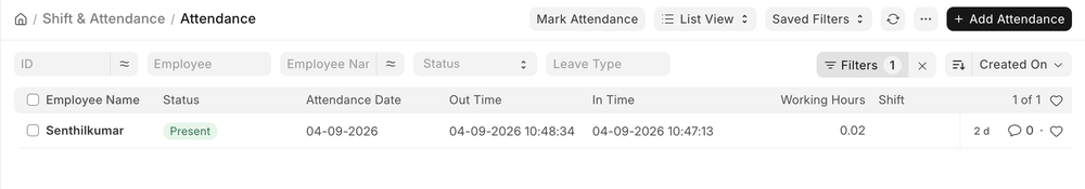 ERPNext Attendance record showing Present status, in time, out time, and working hours