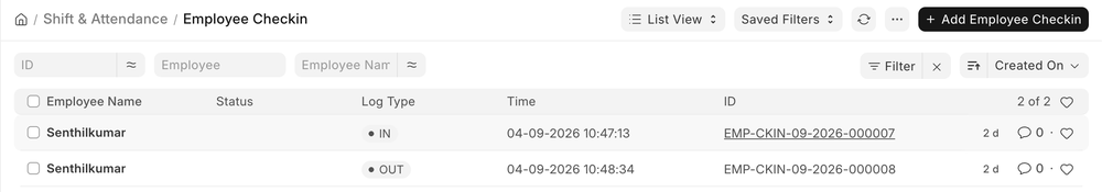 ERPNext Employee Checkin log showing IN and OUT punches from TheCheckIn