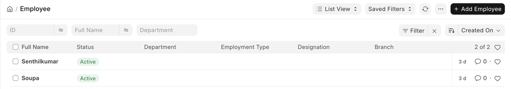 ERPNext Employee list showing employees synced from TheCheckIn