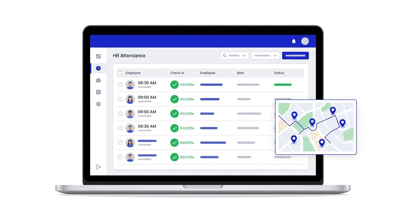 TheCheckIn HR attendance dashboard with multi-branch map