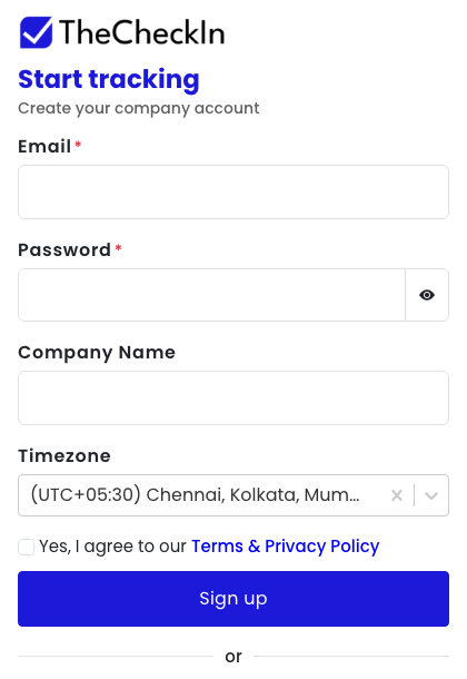 TheCheckIn sign-up screen showing email, password, company name, and timezone fields